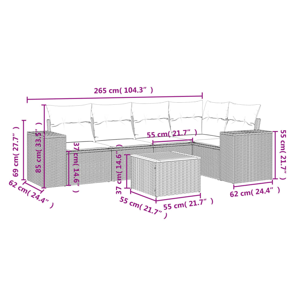 6-delige Loungeset met kussens poly rattan zwart