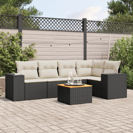 6-delige Loungeset met kussens poly rattan zwart