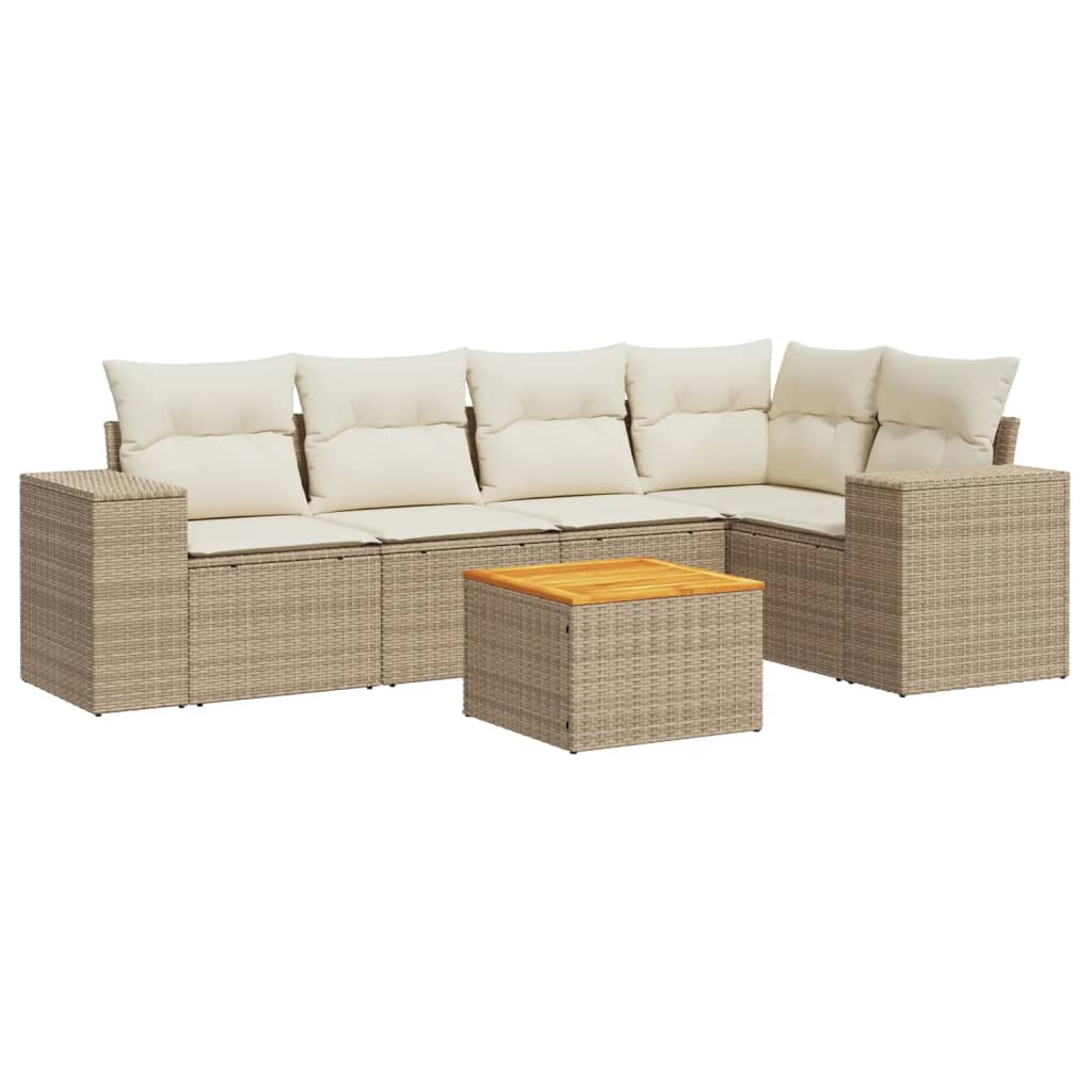 6-delige Loungeset met kussens poly rattan beige