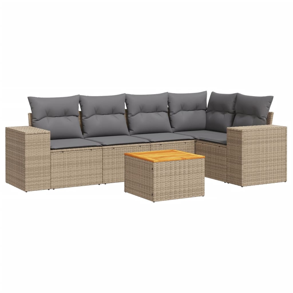 6-delige Loungeset met kussens poly rattan beige