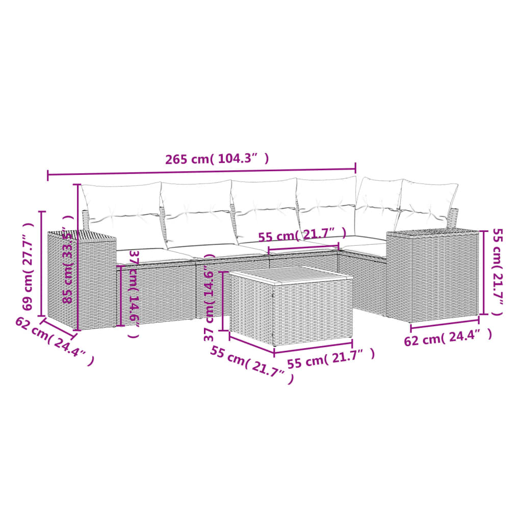 6-delige Loungeset met kussens poly rattan beige