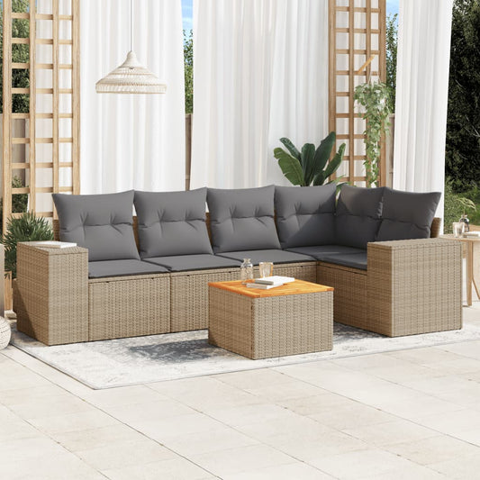 6-delige Loungeset met kussens poly rattan beige