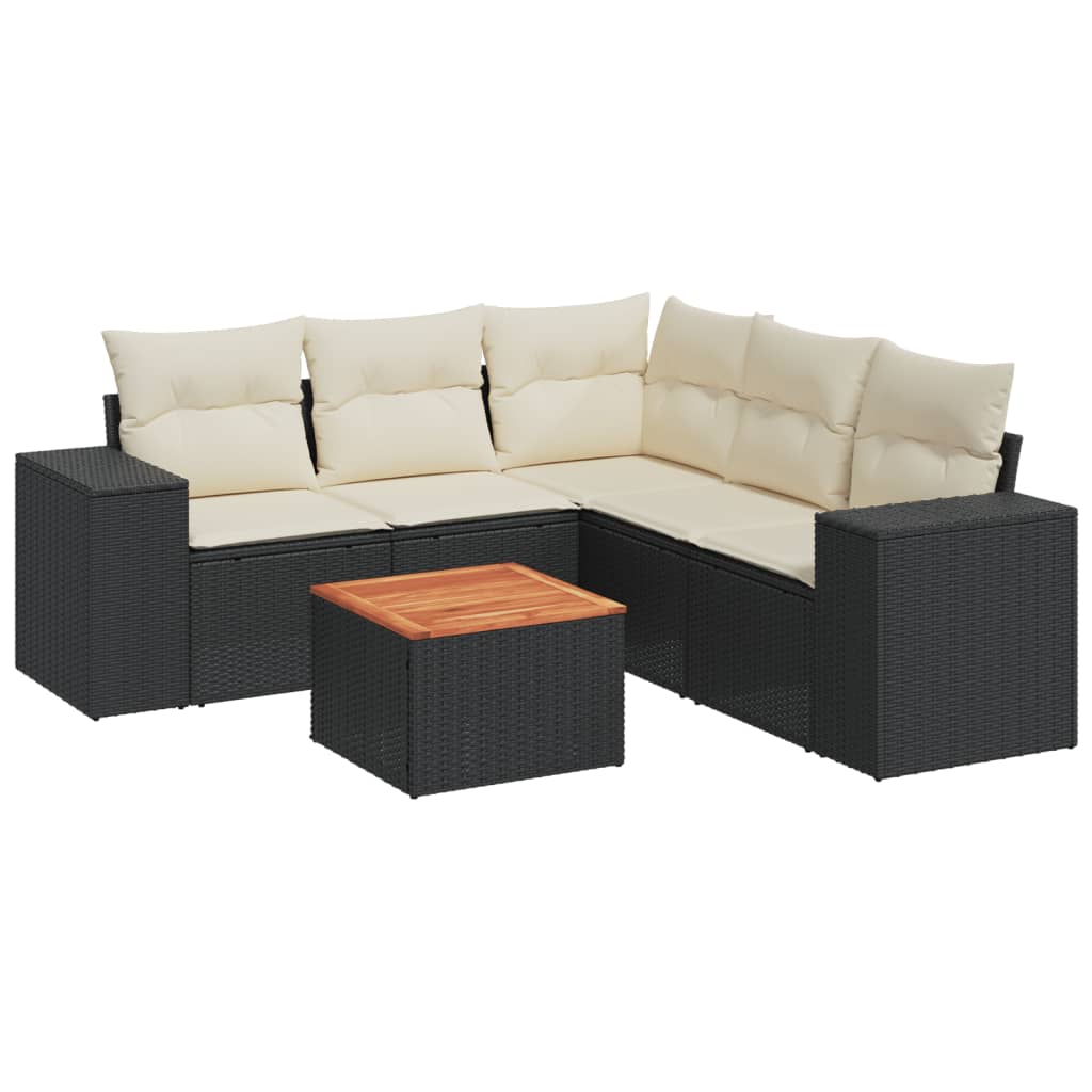 6-delige Loungeset met kussens poly rattan zwart