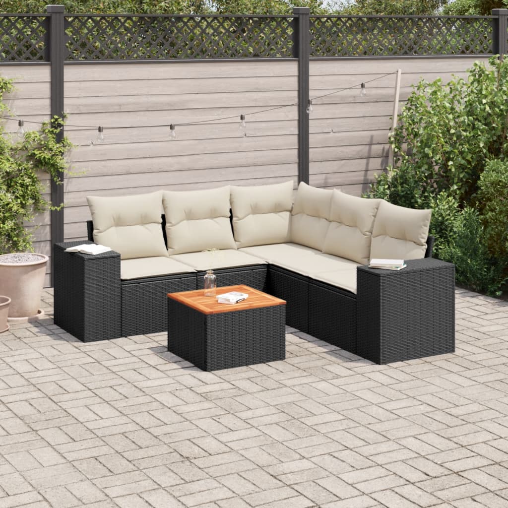 6-delige Loungeset met kussens poly rattan zwart