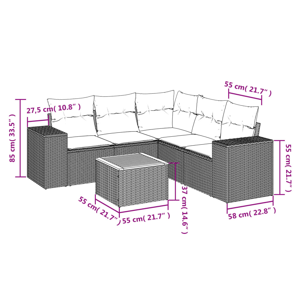 6-delige Loungeset met kussens poly rattan beige