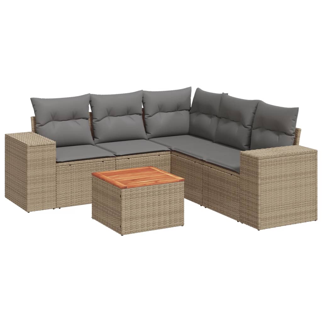 6-delige Loungeset met kussens poly rattan beige