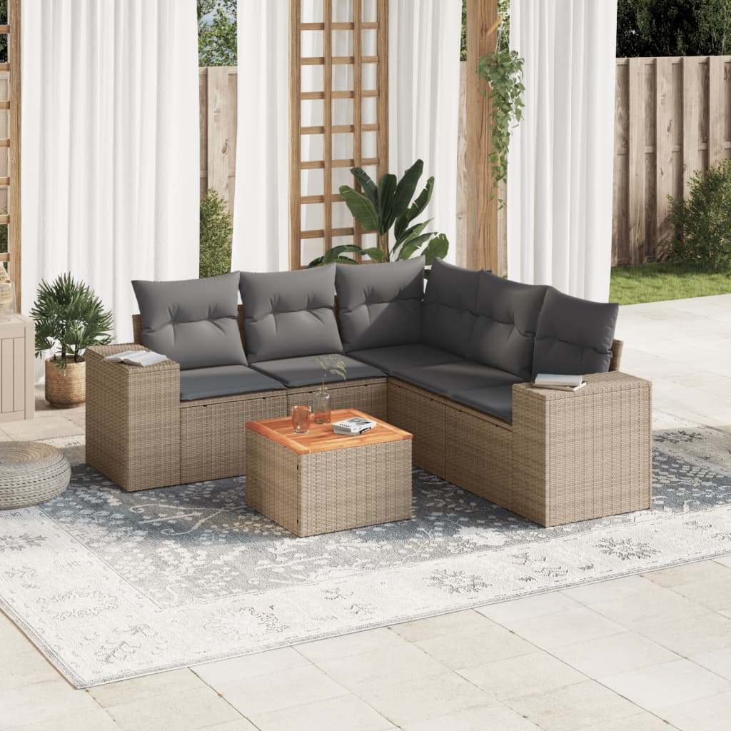 6-delige Loungeset met kussens poly rattan beige