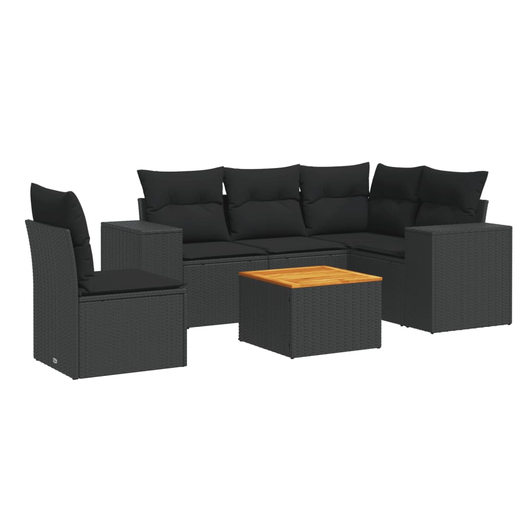 6-delige Loungeset met kussens poly rattan zwart