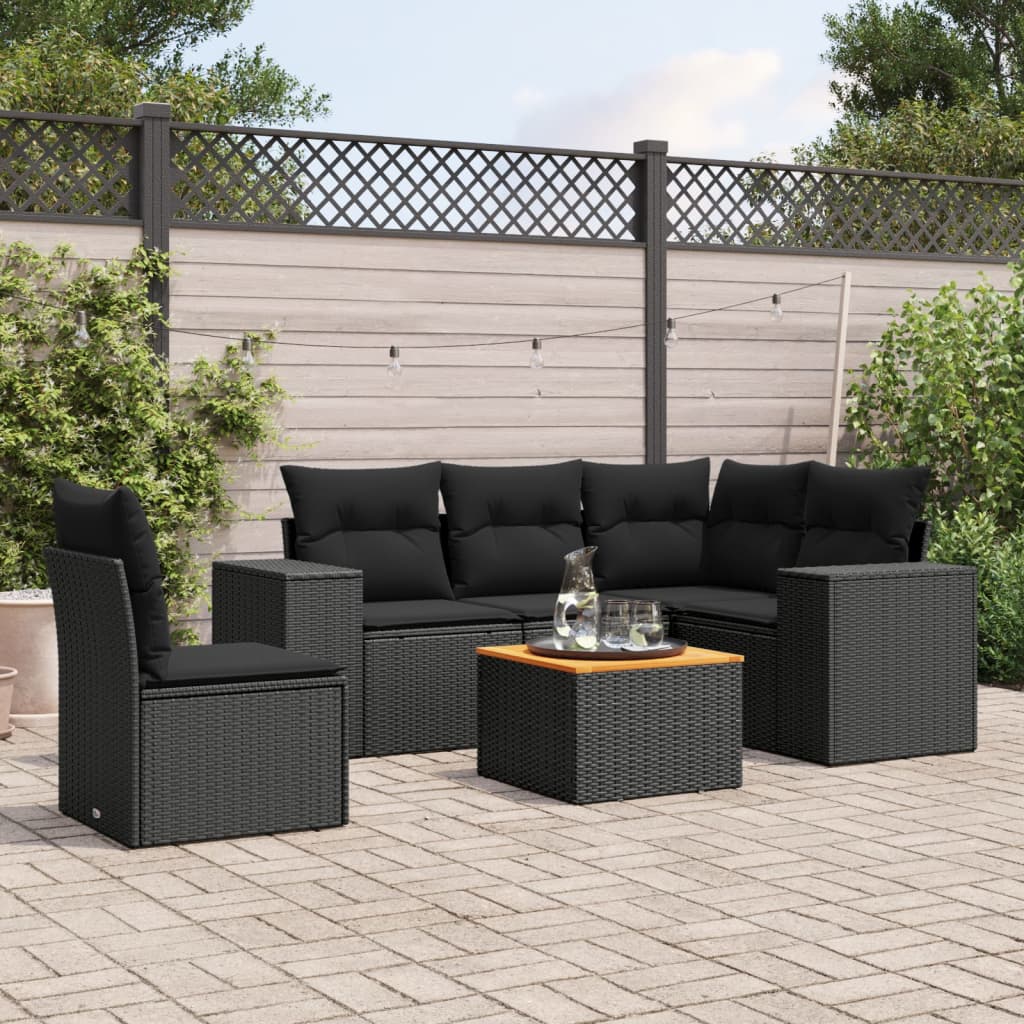 6-delige Loungeset met kussens poly rattan zwart