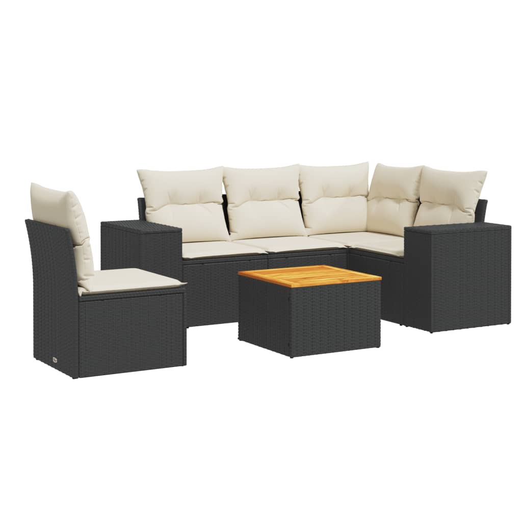 6-delige Loungeset met kussens poly rattan zwart