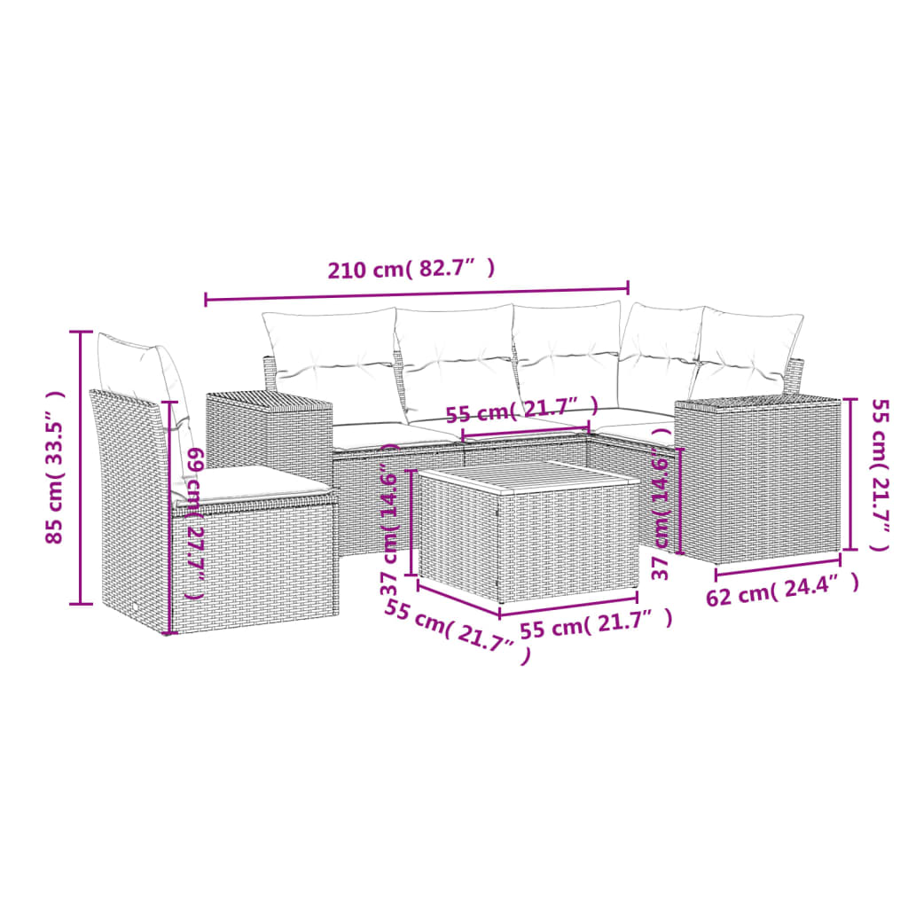 6-delige Loungeset met kussens poly rattan zwart