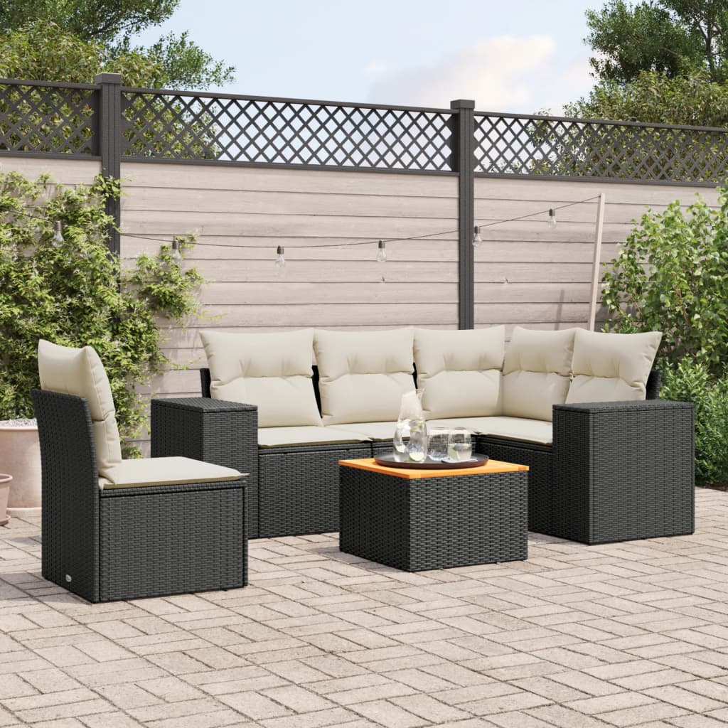 6-delige Loungeset met kussens poly rattan zwart