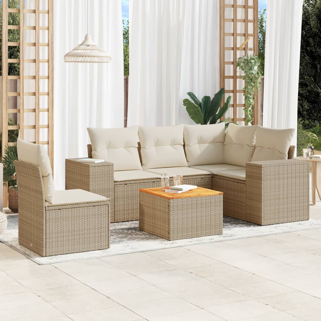 6-delige Loungeset met kussens poly rattan beige