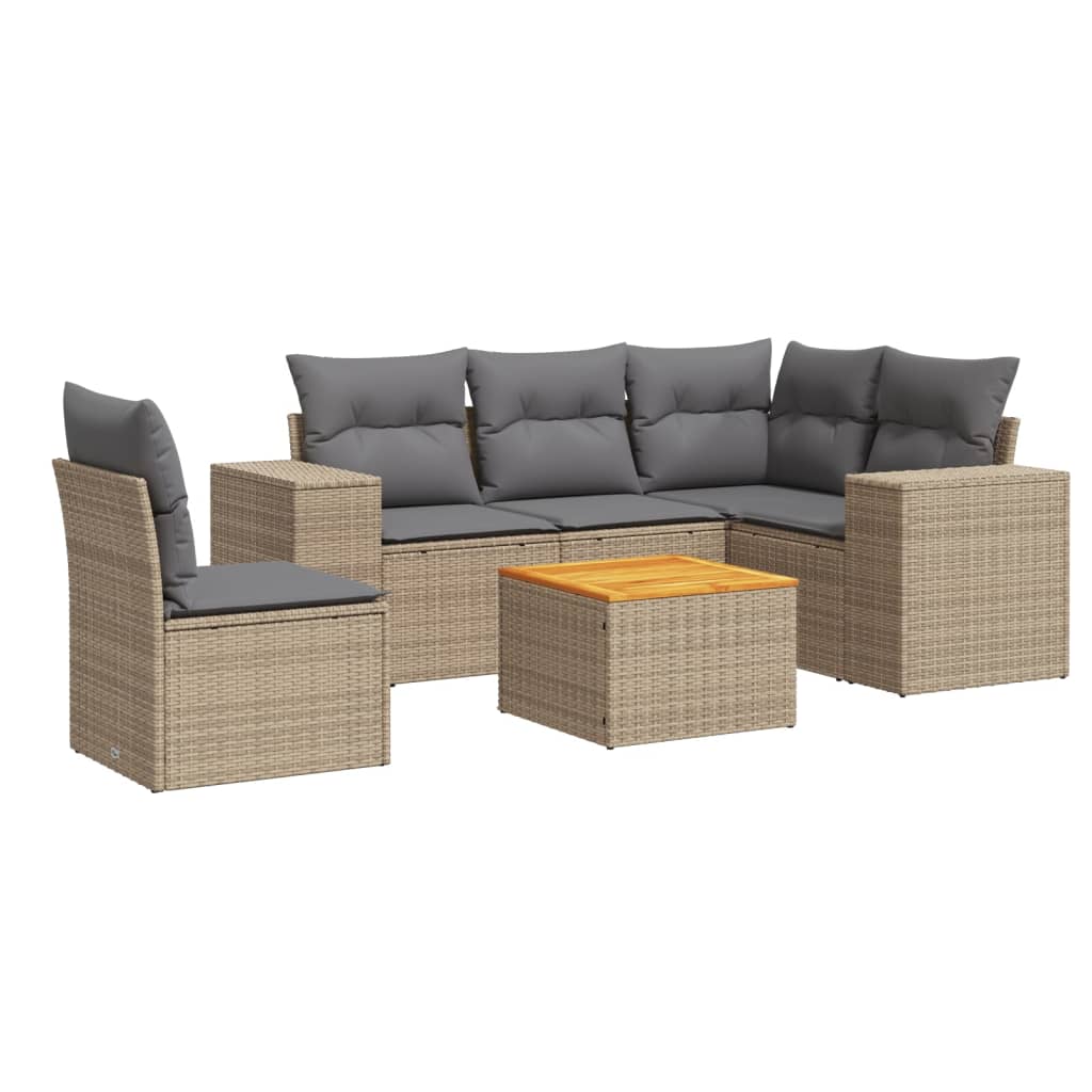 6-delige Loungeset met kussens poly rattan beige