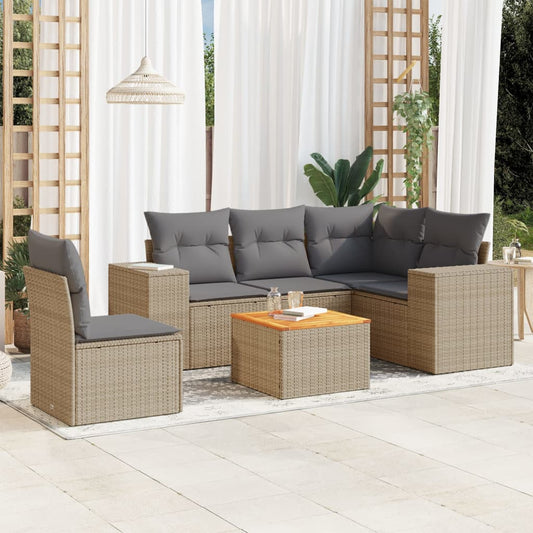 6-delige Loungeset met kussens poly rattan beige