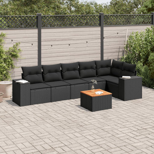 7-delige Loungeset met kussens poly rattan zwart