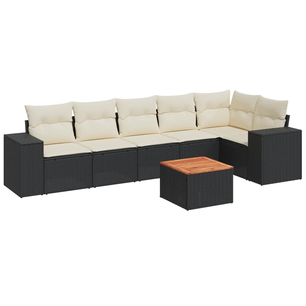 7-delige Loungeset met kussens poly rattan zwart