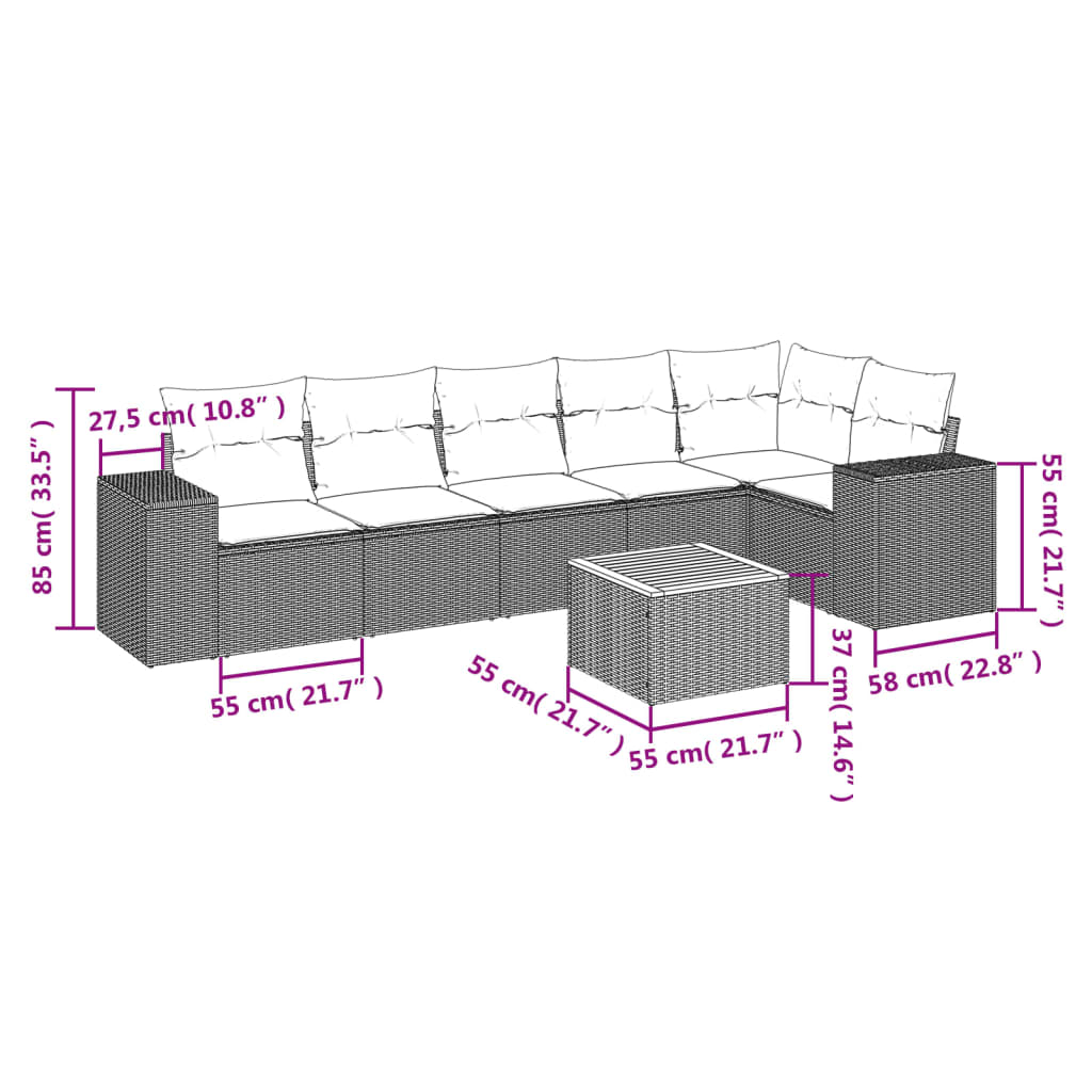 7-delige Loungeset met kussens poly rattan zwart