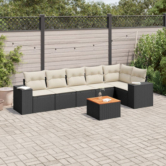 7-delige Loungeset met kussens poly rattan zwart