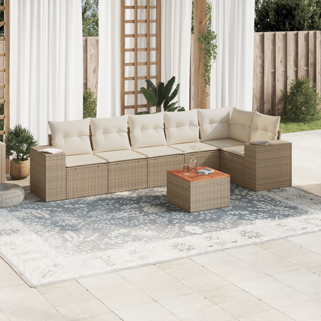 7-delige Loungeset met kussens poly rattan beige