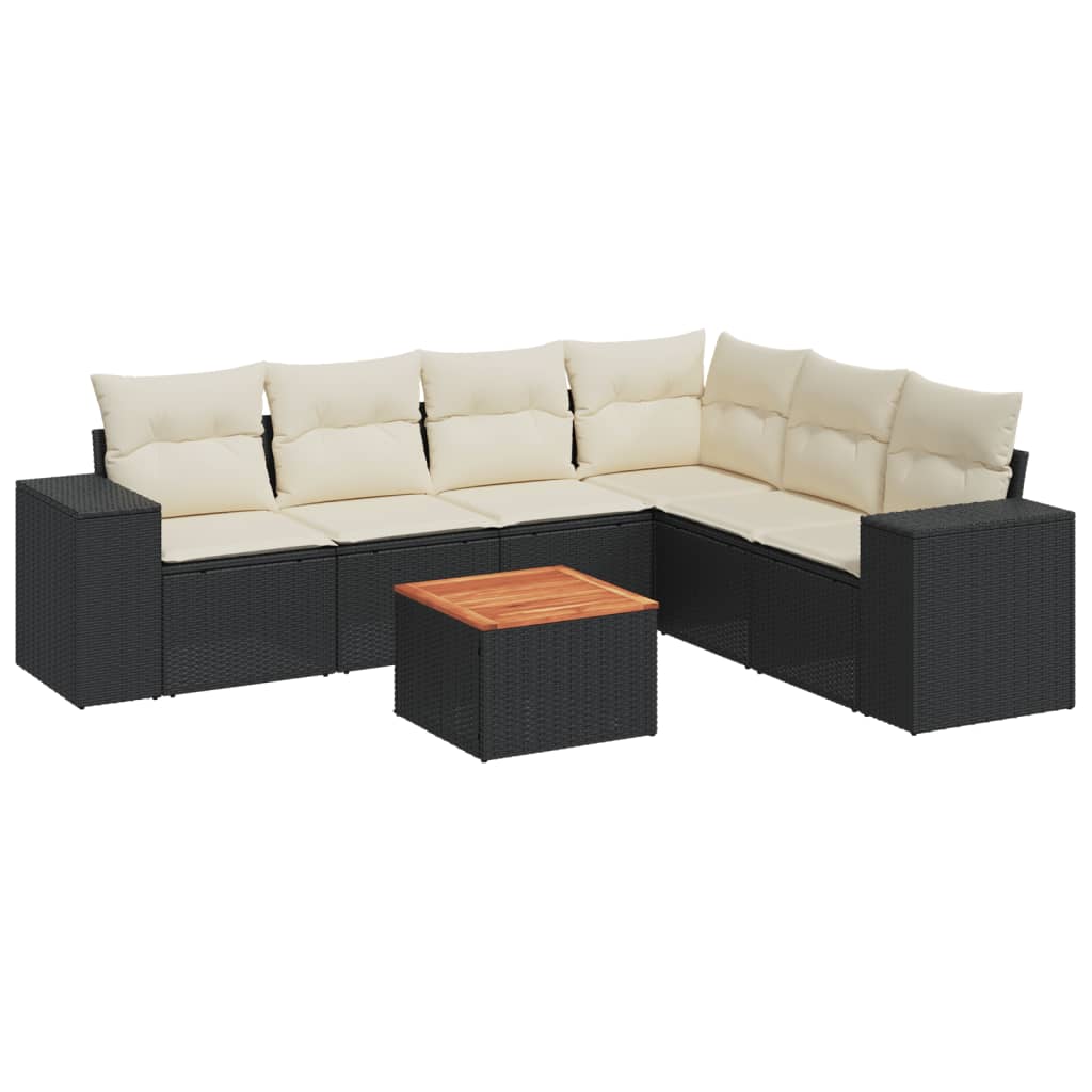 7-delige Loungeset met kussens poly rattan zwart