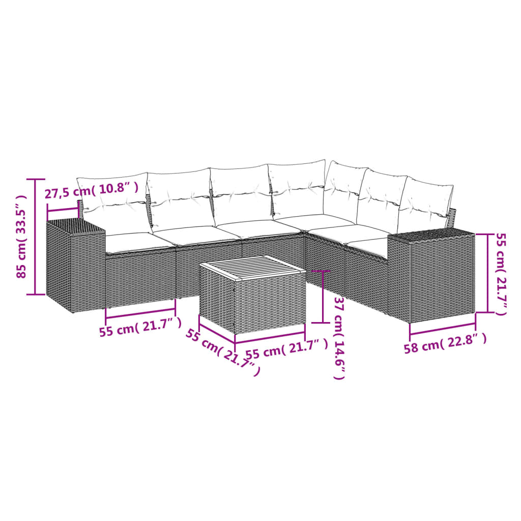 7-delige Loungeset met kussens poly rattan zwart