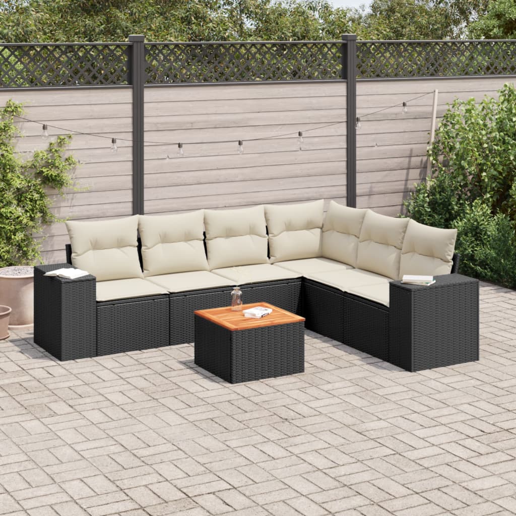 7-delige Loungeset met kussens poly rattan zwart