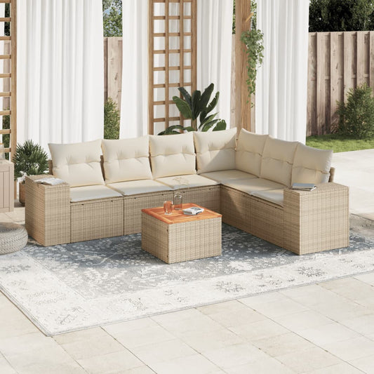 7-delige Loungeset met kussens poly rattan beige