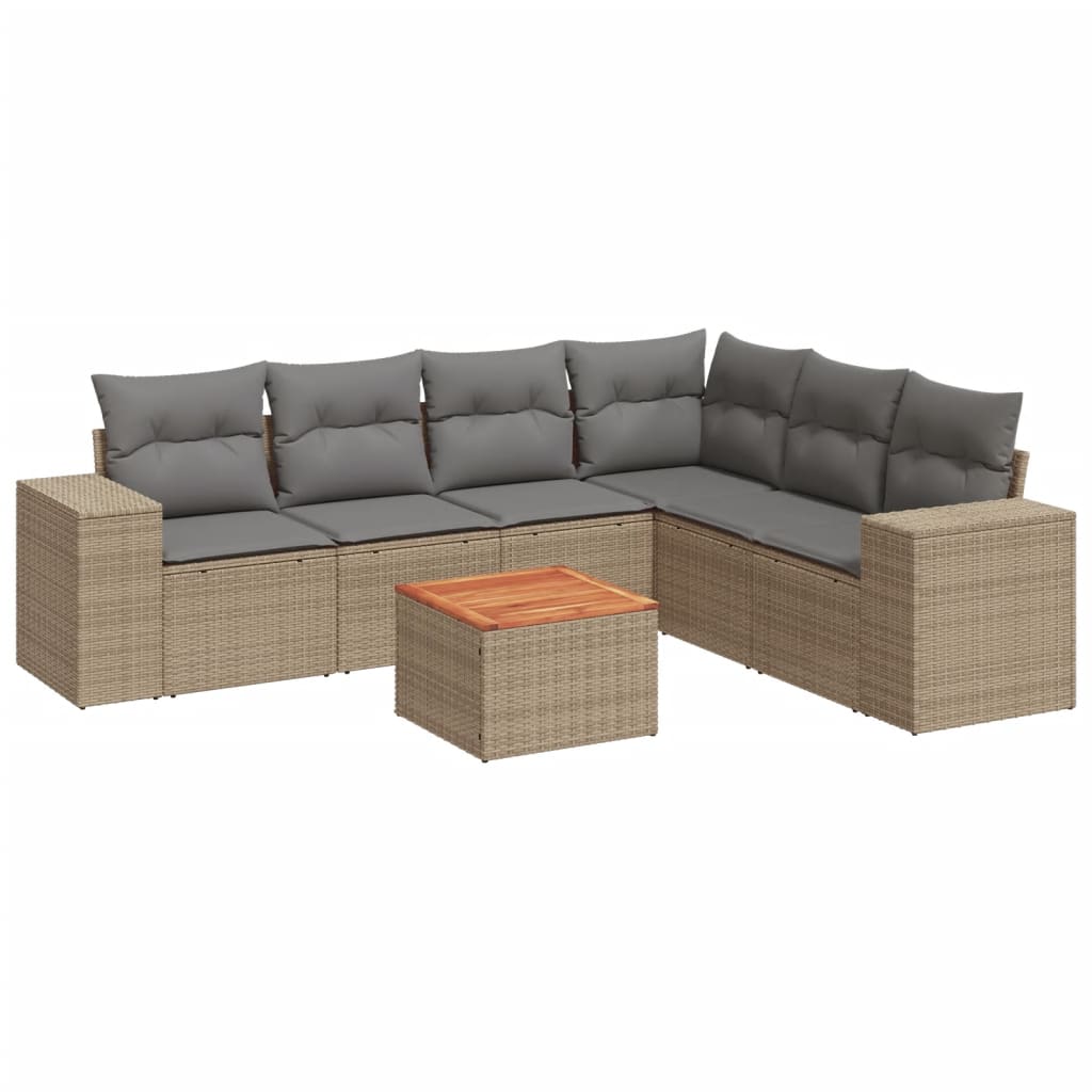 7-delige Loungeset met kussens poly rattan beige