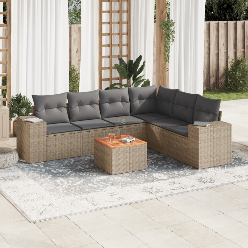 7-delige Loungeset met kussens poly rattan beige