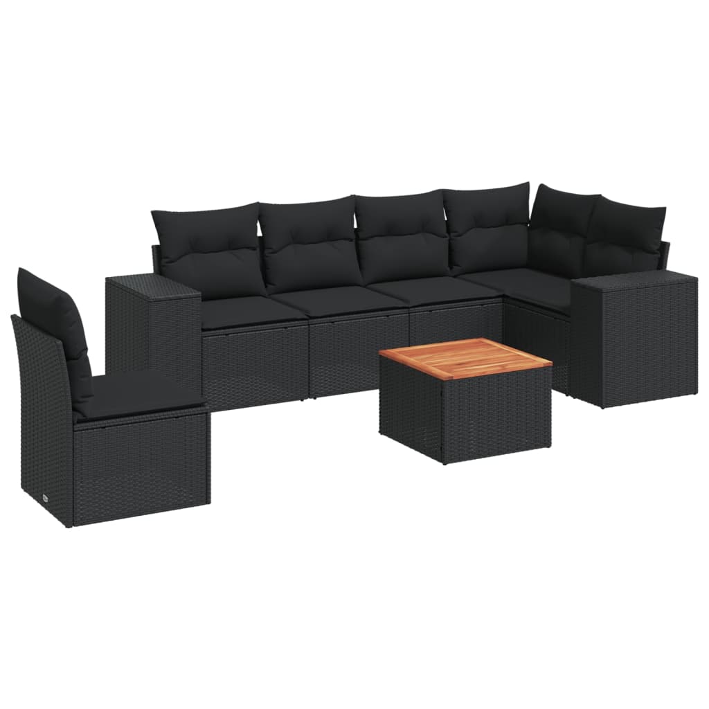 7-delige Loungeset met kussens poly rattan zwart