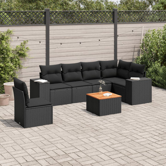 7-delige Loungeset met kussens poly rattan zwart