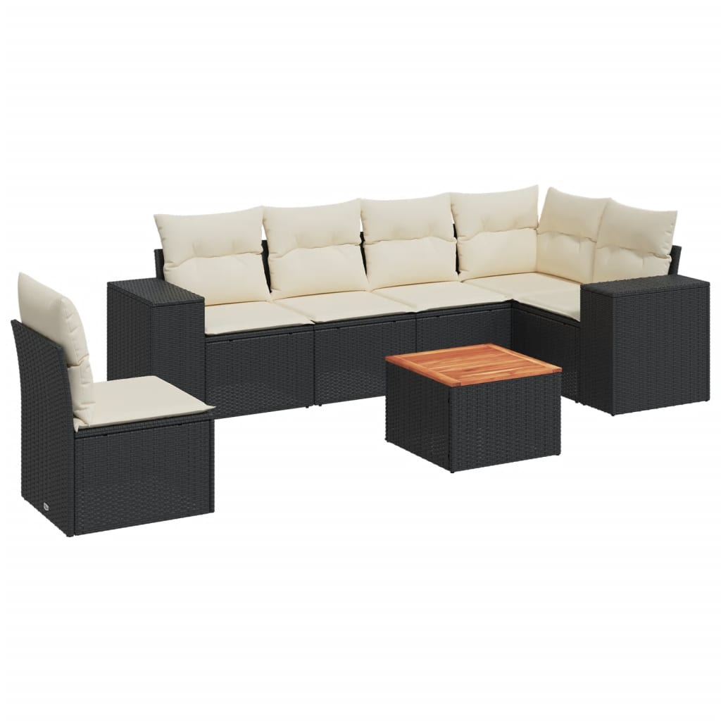 7-delige Loungeset met kussens poly rattan zwart