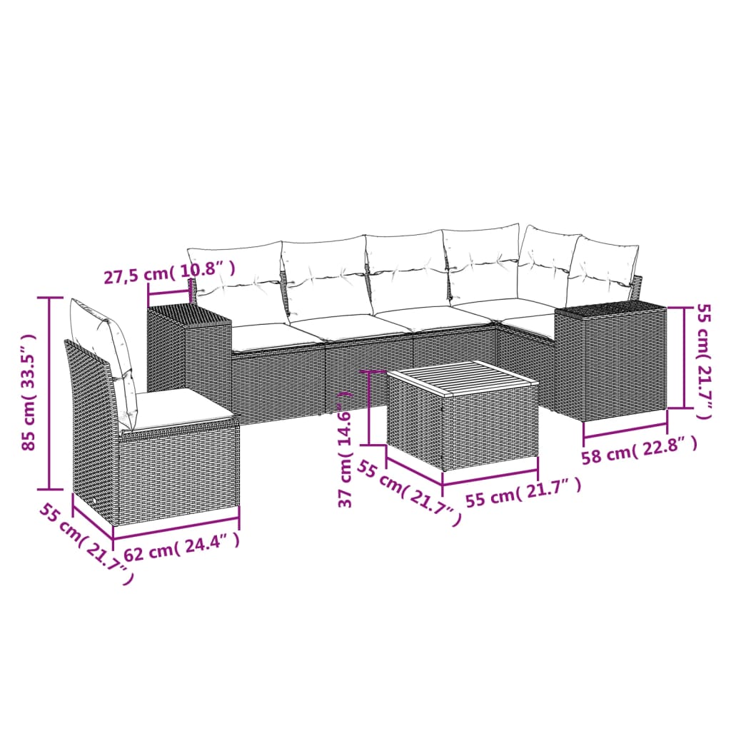 7-delige Loungeset met kussens poly rattan zwart