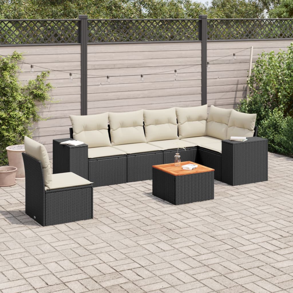 7-delige Loungeset met kussens poly rattan zwart