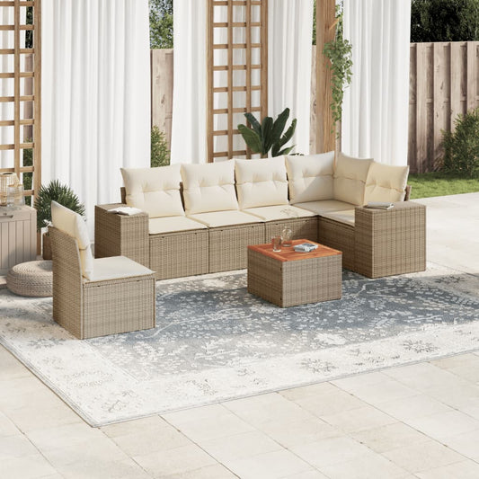 7-delige Loungeset met kussens poly rattan beige