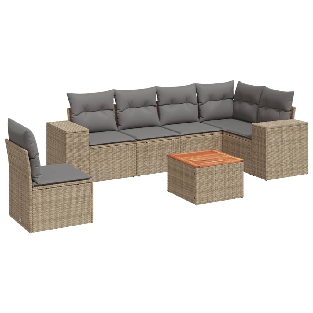 7-delige Loungeset met kussens poly rattan beige