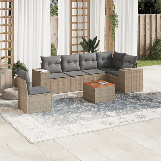 7-delige Loungeset met kussens poly rattan beige