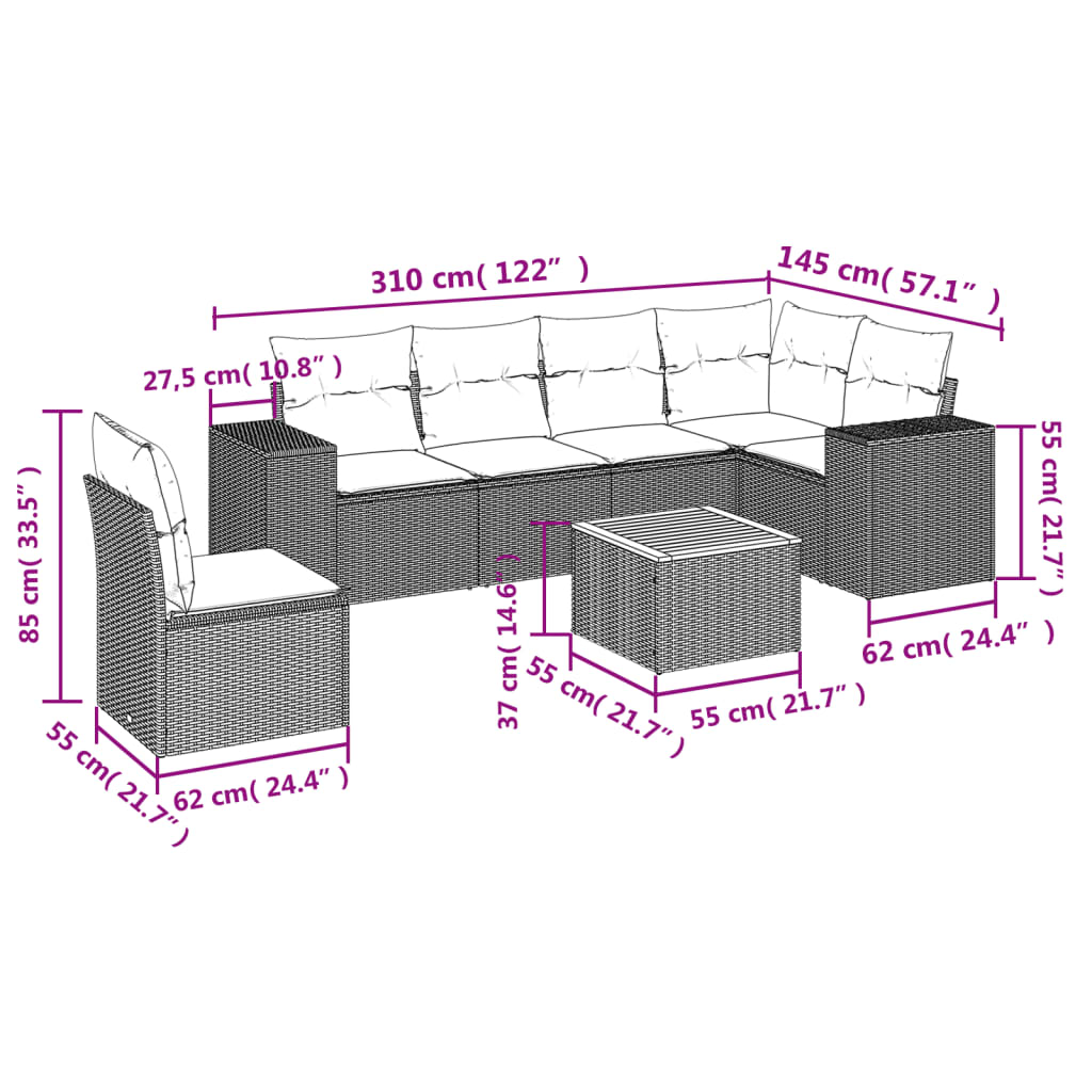 7-delige Loungeset met kussens poly rattan grijs Tuinsets | Creëer jouw Trendy Thuis | Gratis bezorgd & Retour | Trendy.nl