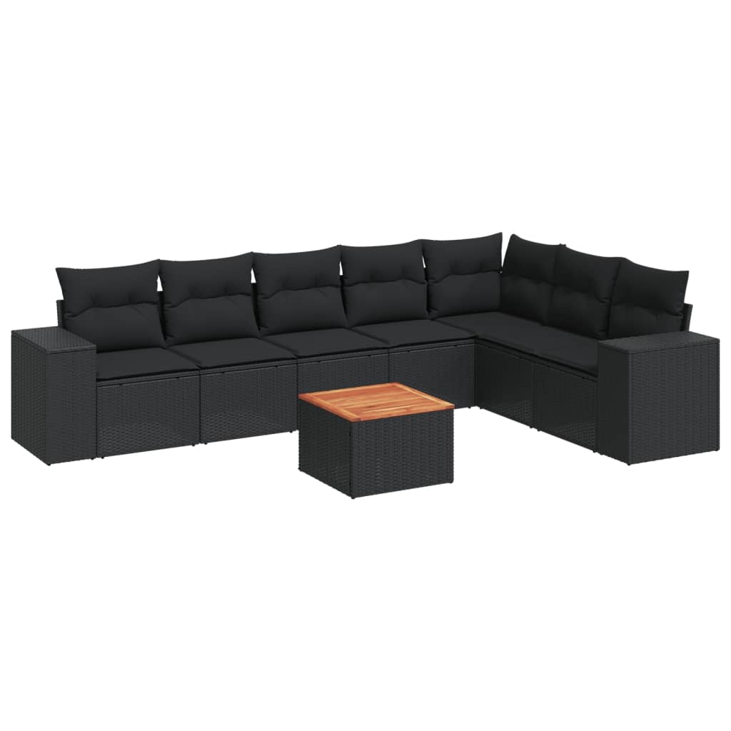 8-delige Loungeset met kussens poly rattan zwart