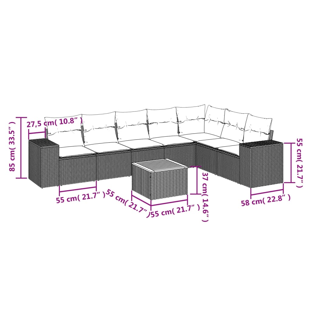 8-delige Loungeset met kussens poly rattan zwart