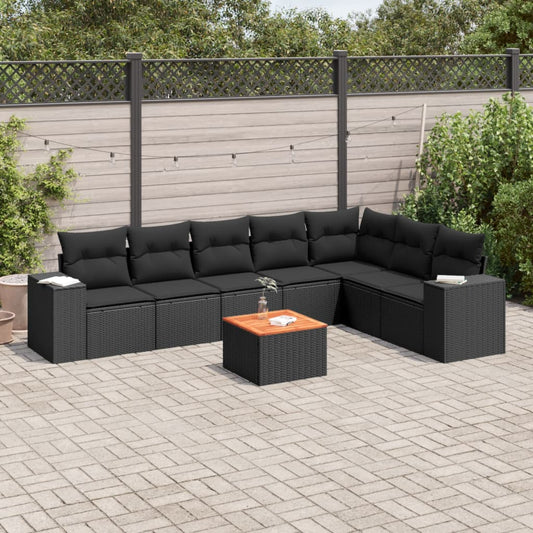 8-delige Loungeset met kussens poly rattan zwart