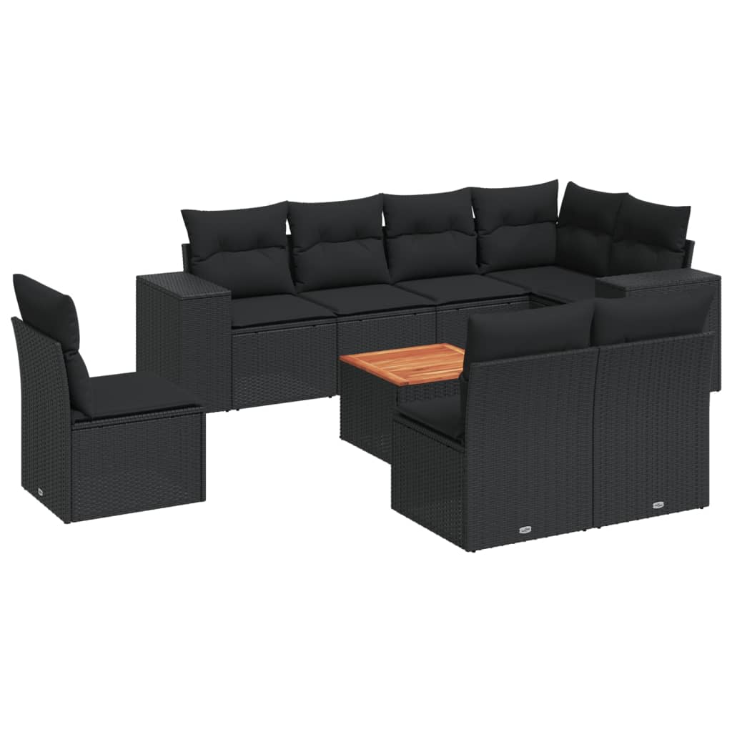 9-delige Loungeset met kussens poly rattan zwart