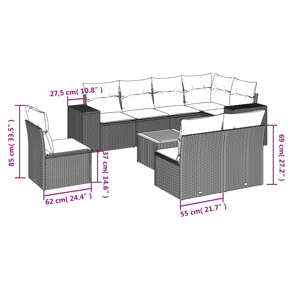 9-delige Loungeset met kussens poly rattan zwart