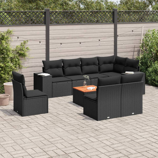 9-delige Loungeset met kussens poly rattan zwart