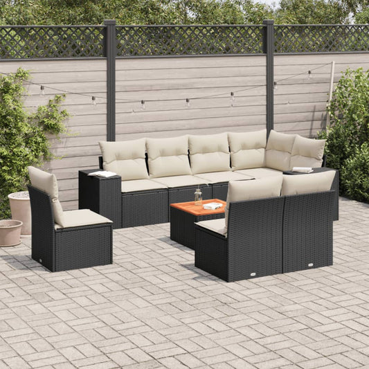 9-delige Loungeset met kussens poly rattan zwart