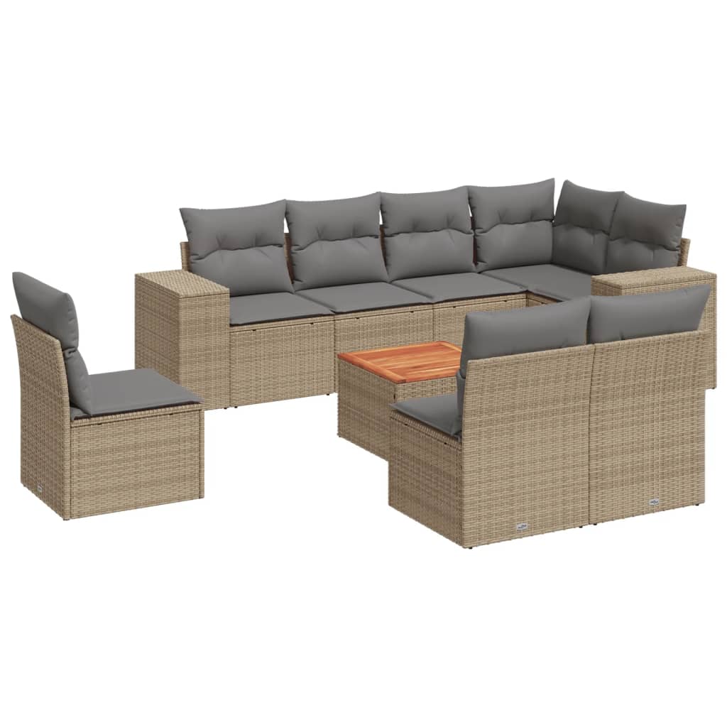 9-delige Loungeset met kussens poly rattan beige