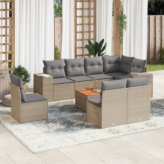 9-delige Loungeset met kussens poly rattan beige