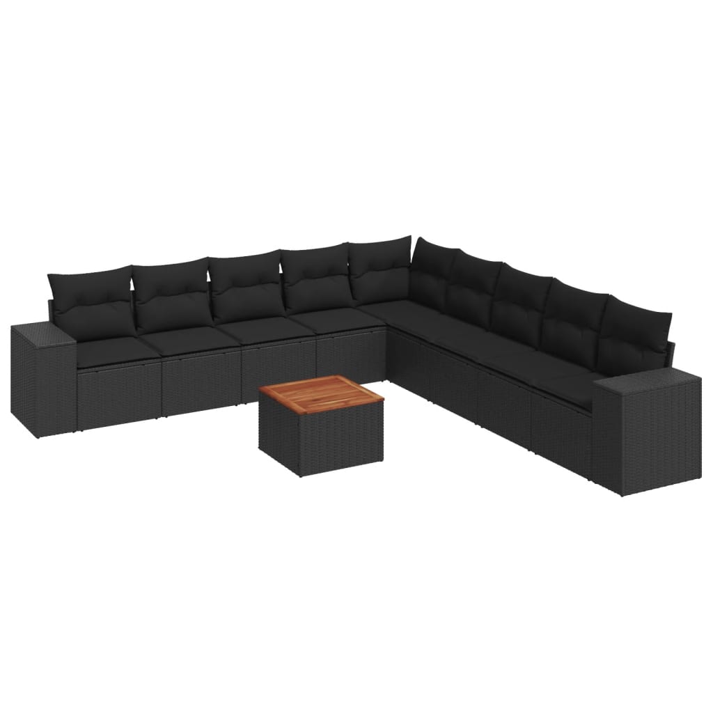 10-delige Loungeset met kussens poly rattan zwart