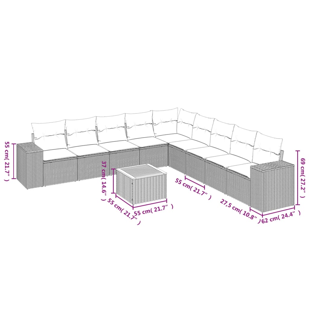 10-delige Loungeset met kussens poly rattan zwart